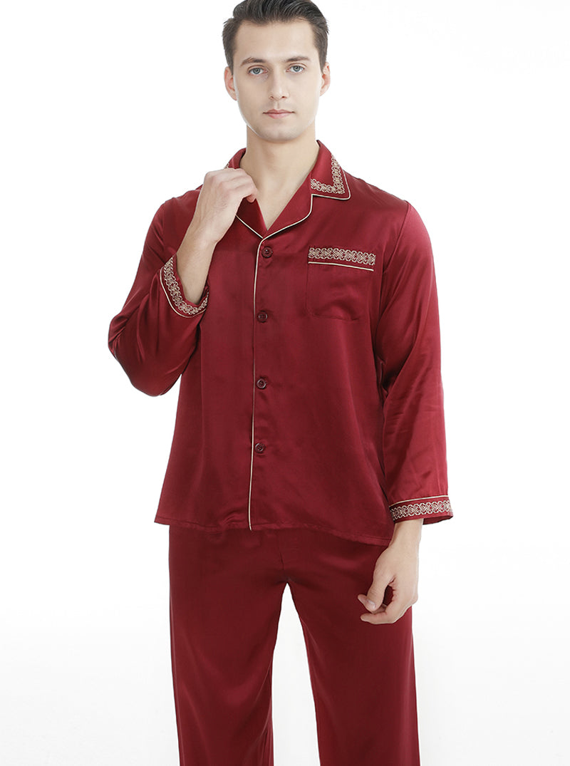 Silk Summer Male Embroidery Lace Small Lapel Simple Fashion Wine Red Long-Sleeved Trousers Casual Two-Piece Home Clothes