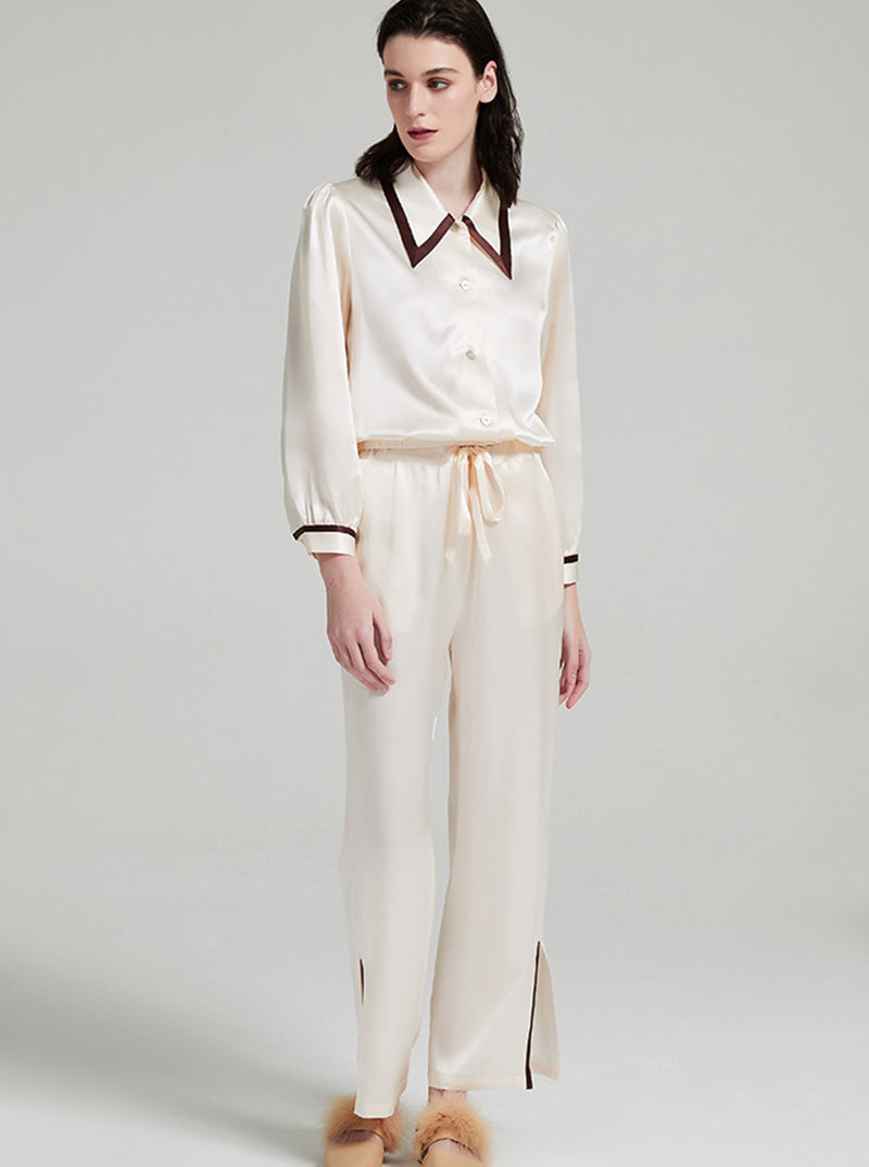 19 Momme Silk Female Spring Retro Pointed Collar High-Quality Temperament Leg Split Contrast Color Long-Sleeved Trousers Pajamas Two-Piece Set