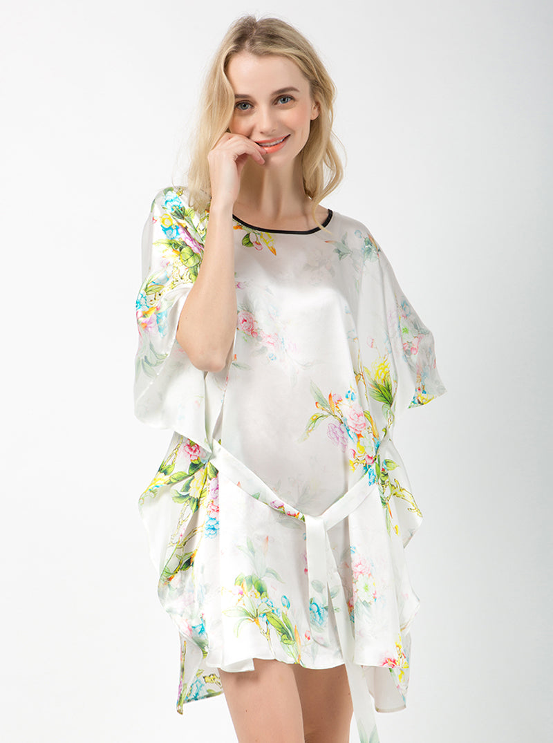 Female Summer Silk Round Neck Mid Sleeve Loose Belt Luxurious Flower Print Nightdress