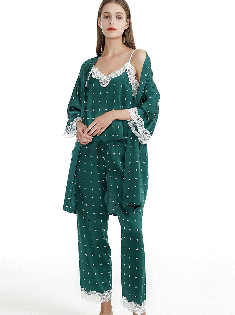 Dark Green Silk Female Summer Suspenders V-Neck Sexy Lace Polka Dot Simple Pajamas Three-Piece Set
