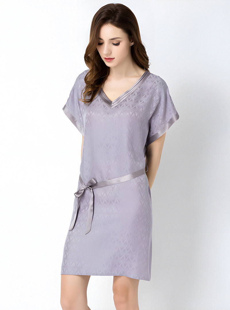 Jacquard Silk Summer Ladies V-Neck Stitching High-End Luxury Elegant Solid Color Belt Short-Sleeved Nightdress