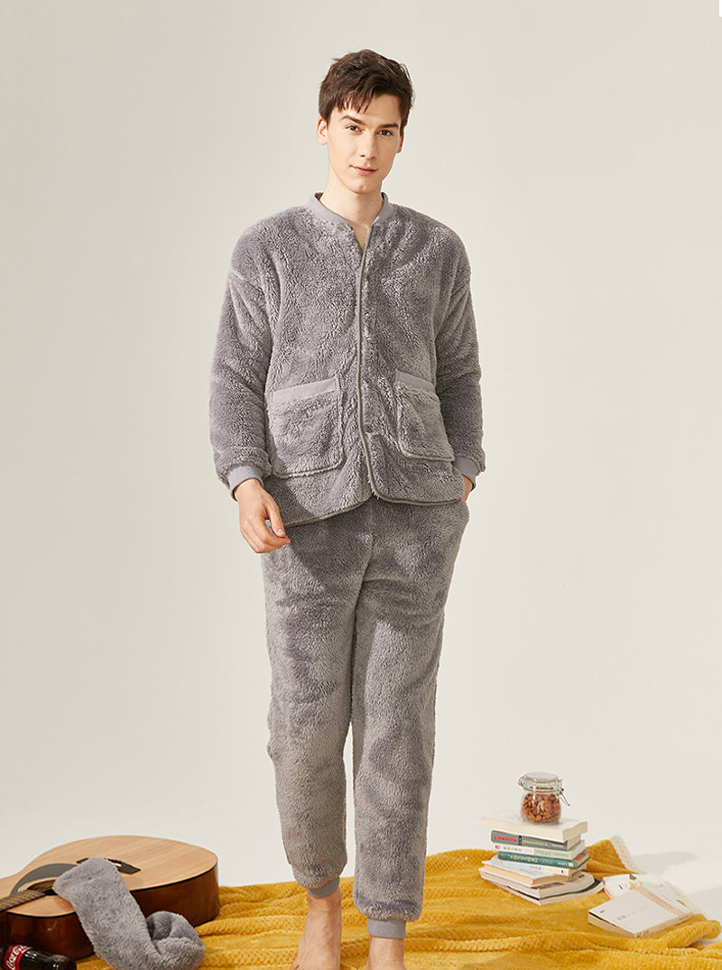 Thickened Warmth Winter Pajamas Male Small V Collar Long Sleeve With Scarf Can Be Worn Outdoors Coral Velvet Set