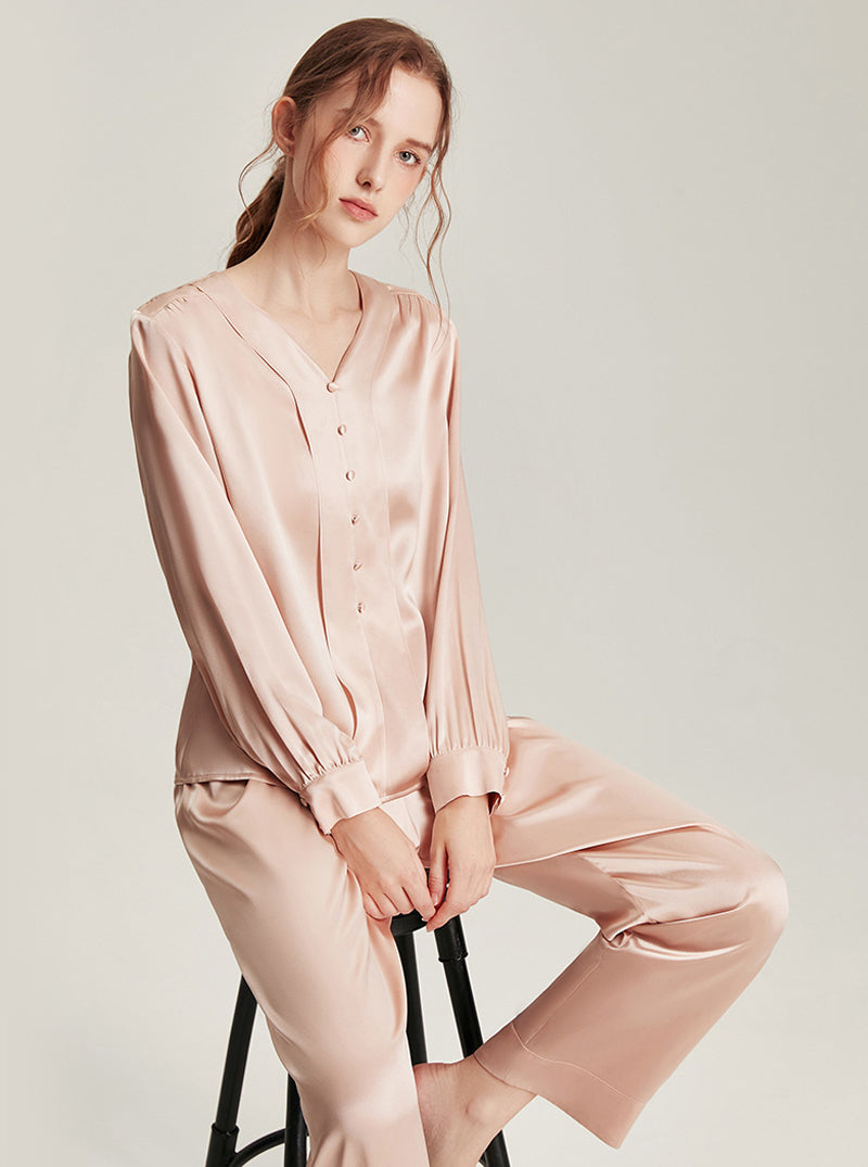 Simple V-Neck Silk Hideyoshi Female High-End Comfortable Solid Color Long-Sleeved Trousers Pajamas Two-Piece Set