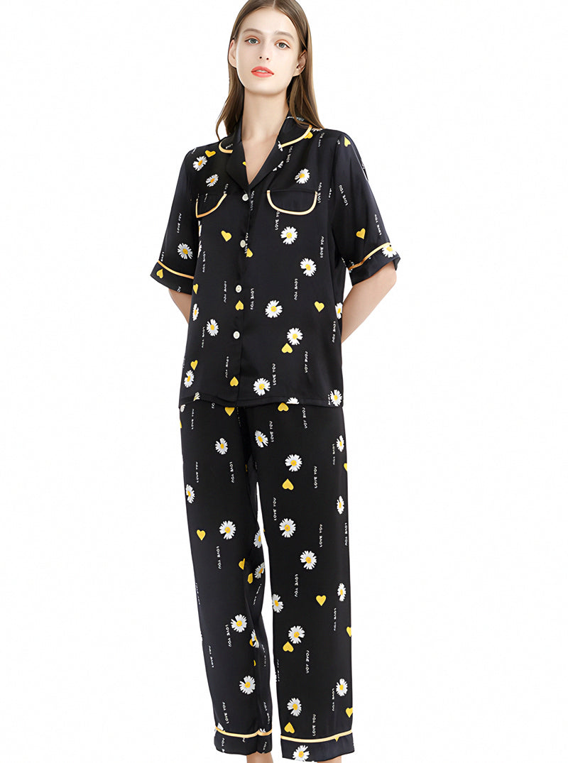 Summer Black Silk Female Contrast Color Edging Small Lapel Plant Flower Pattern Print Loose And Comfortable Short-Sleeved Pajamas Two-Piece Set