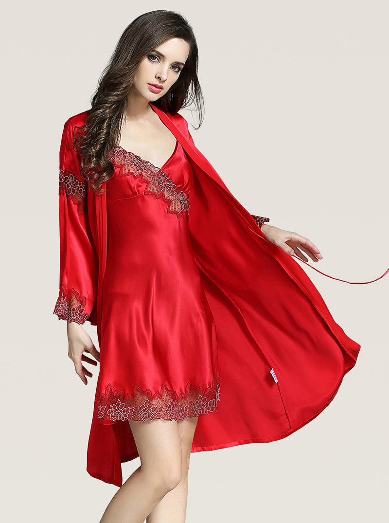 V-Neck Sexy Summer Female Silk Stitching Perspective Lace Elegant Slim High-End Solid Color Suspender Nightdress Long-Sleeved Nightgown Two-Piece Set