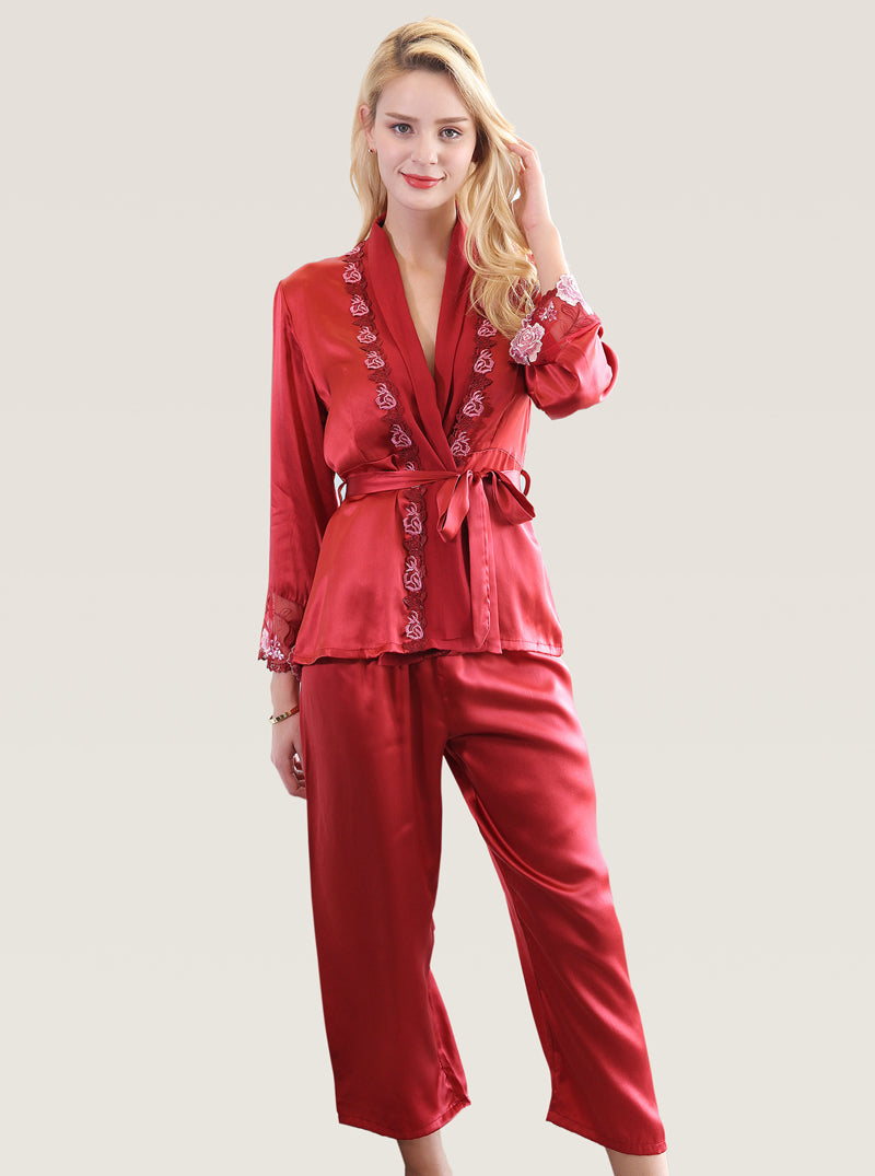 Embroidered Stitching Silk Spring And Autumn Female Solid Color Senior Gorgeous Short Nightgown Trousers Pajamas Two-Piece Set
