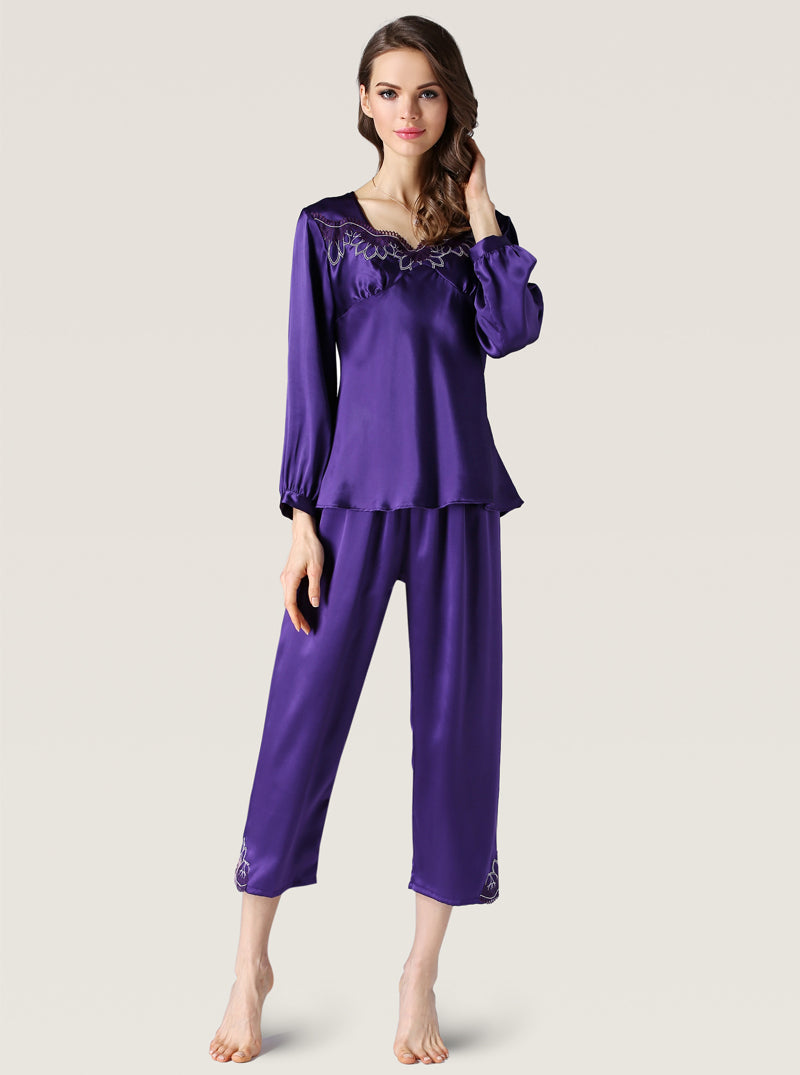 Spring Silk Female V-Neck Front Lace Elegant And Noble Solid Color Long-Sleeved Trousers Two-Piece Pajamas