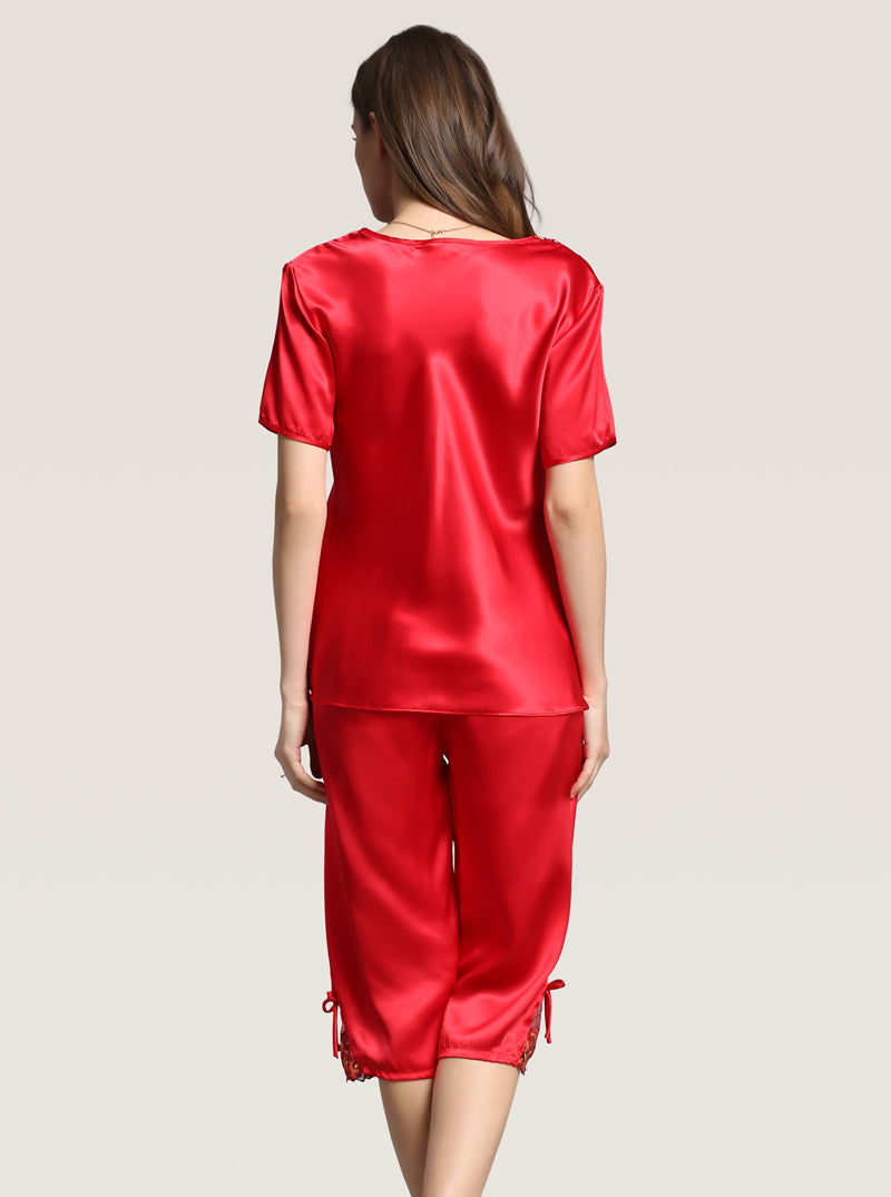 Silk Spring And Summer Female Lace Embroidery Square Collar Elegant Temperament Red Short-Sleeved Trousers Two-Piece Pajamas