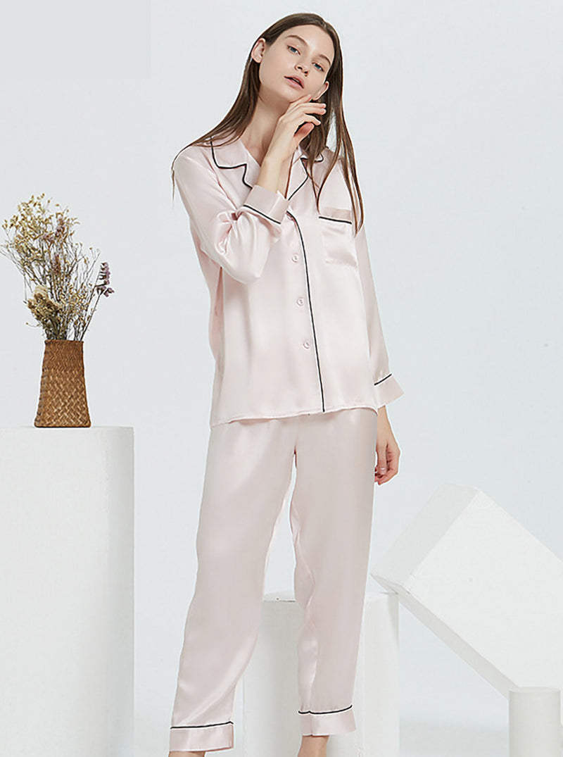 Silk Spring And Autumn Female Suit Collar Simple Fashion Classic Long Sleeve Pants Pajamas Two-Piece Set
