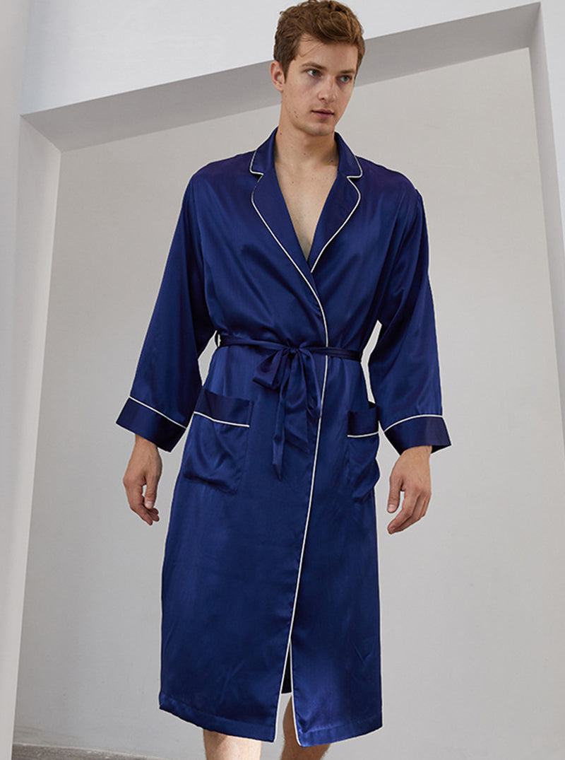 Suit Collar 19 Momme Silk Male Spring Summer Fashion High-End Solid Color Long-Sleeved Long Night-Robe