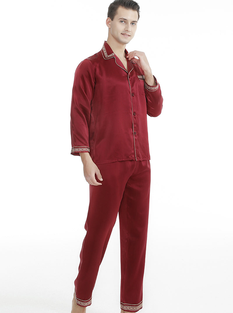 Silk Summer Male Embroidery Lace Small Lapel Simple Fashion Wine Red Long-Sleeved Trousers Casual Two-Piece Home Clothes