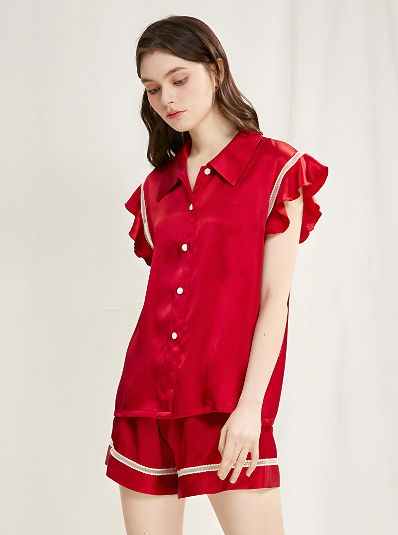 Silk Matching Pajamas Female Summer Simplicity Shirt Collar Lapel Lace Hollow Splicing Ruffle Small Flying Sleeve Top Shorts Two-Piece Set