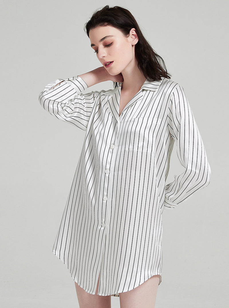 19 Momme Silk Black And White Striped Print Spring Autumn Blouse Collar Breathable Cool And Comfortable Long Sleeve Nightdress
