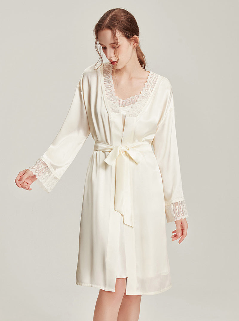 Lace High-End Female Silk Autumn V-Neck Sexy Waist Beautiful Suspender Nightdress Long-Sleeved Nightgown Two-Piece Set