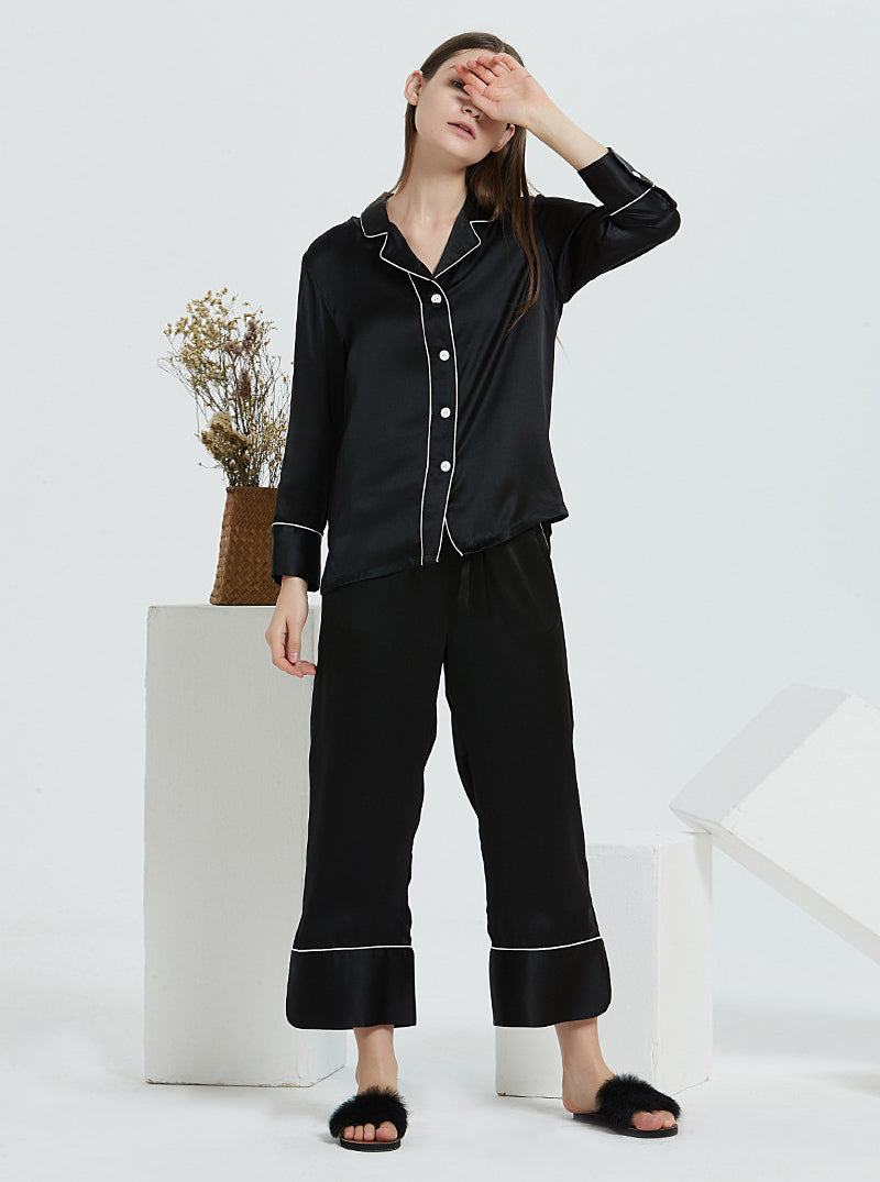 19 Momme Silk Spring And Autumn Female Suit Collar Simple Fashion Comfortable High-End Solid Color Long-Sleeved Trousers Pajamas Two-Piece Set