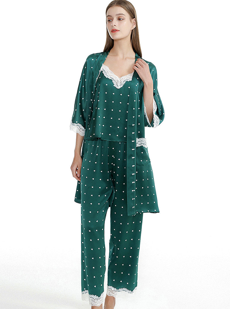 Dark Green Silk Female Summer Suspenders V-Neck Sexy Lace Polka Dot Simple Pajamas Three-Piece Set