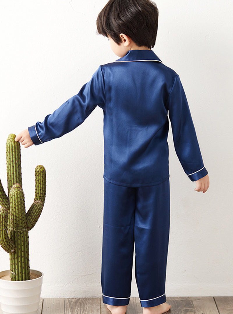 Autumn 19 Momme Silk Boys Small Lapel Casual Comfortable Soft Long-Sleeved Trousers Navy Blue Children's Pajamas Two-Piece Set