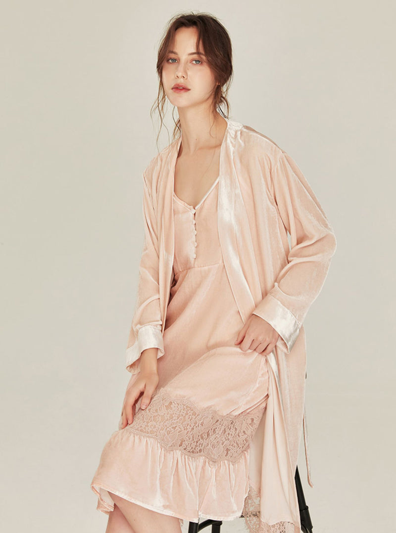 Autumn Winter Silk Velvet Female Medium Length Matching Pajamas V Collar Lace Stitching Hem Slim Sling Nightdress And Night-Robe Set