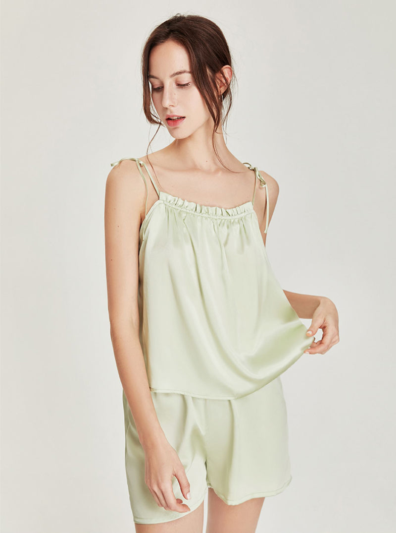 Summer Female Cute Candy Color Silk Matching Pajamas Ruffle Edge Collar Camisole Shorts Two-Piece Set