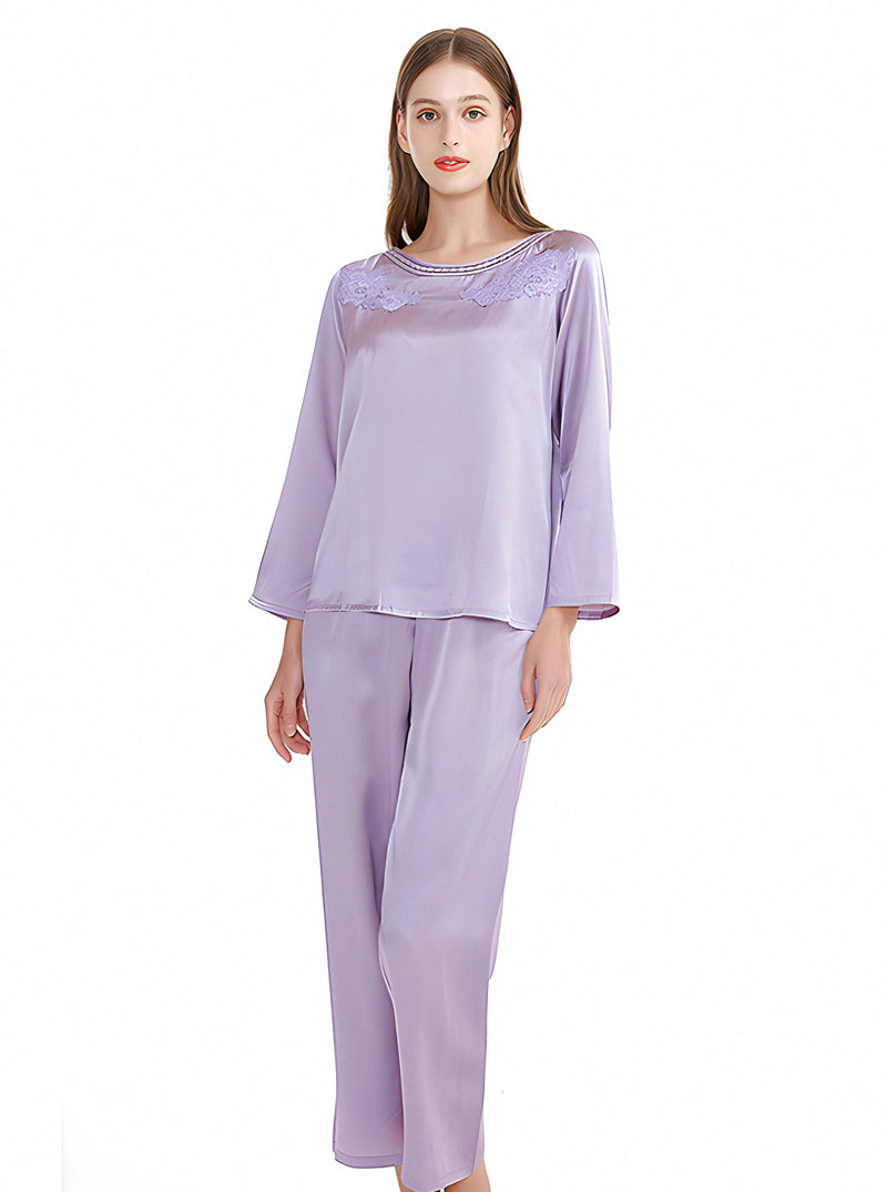 Light Purple Summer Silk Ladies Round Neck Embroidery Loose Casual Simple Fashion Lavender Long Sleeve Pajamas Two Piece Set