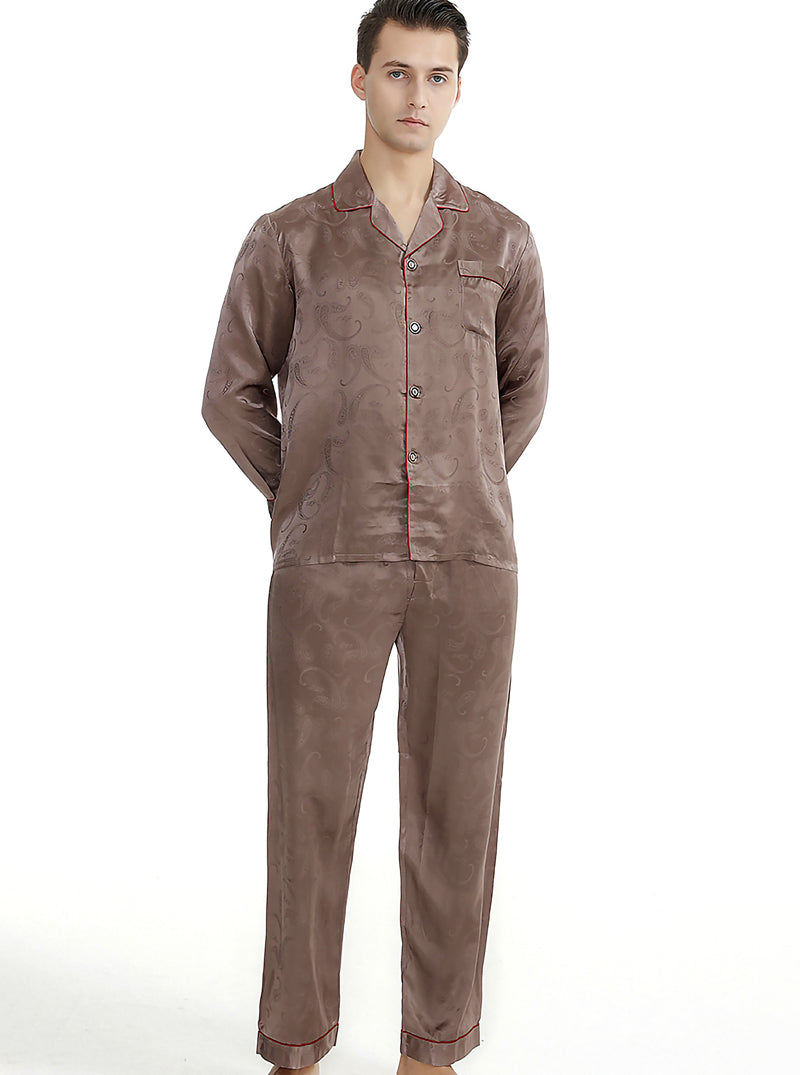 Silk Summer Wrapping Small Lapel Couple Pajamas Sets Printing Classic High-End Simple Long-Sleeved Trousers Casual Two-Piece Home Service