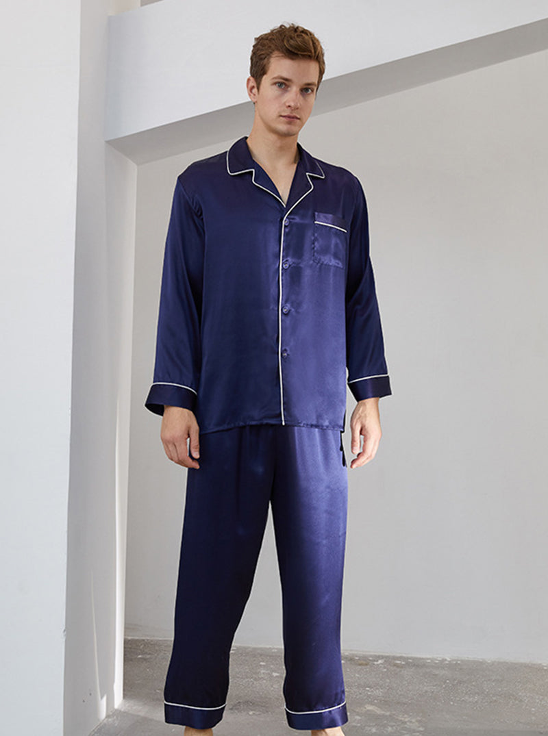 Spring And Summer 16 Momme Silk Male Small Lapel Solid Color Edge Contrast Color Line Simple Long-Sleeved Trousers Two-Piece Pajamas
