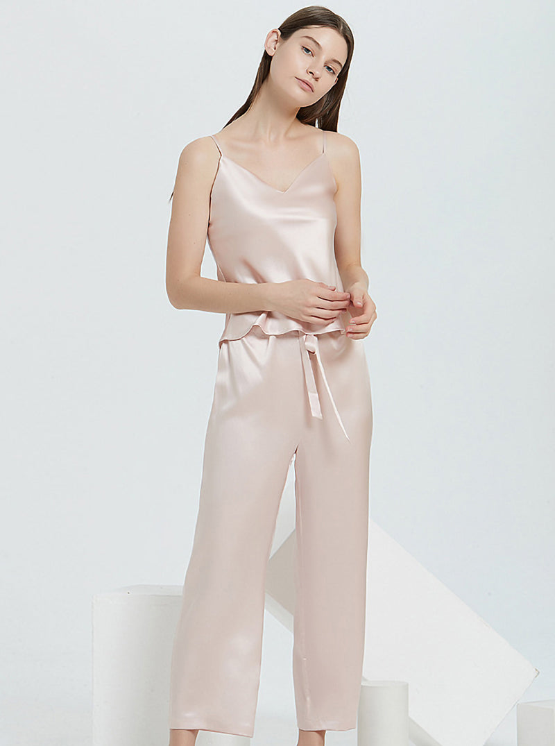 22 Momme Silk Summer Female V-Neck Suspender Trousers Sexy Casual Casual Breathable Comfortable Light Lotus Pink Pajamas Two-Piece Set