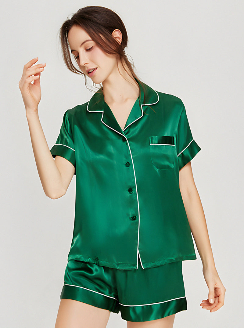 19 Momme Silk Summer Female Small Lapel Simple Fashion Versatile Multicolor Short Sleeve Button Pajamas Two-Piece Set