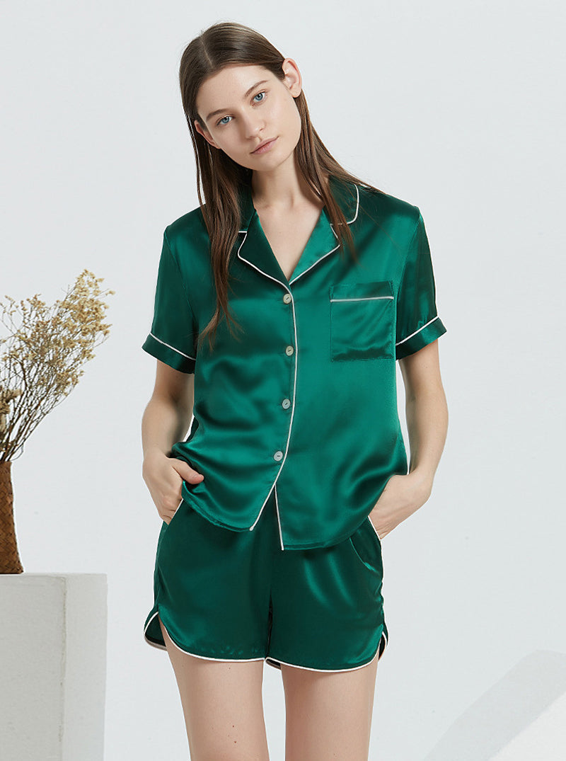 Multicolor 19 Momme Silk Female Small Lapel Summer Simple Fashion Cool And Convenient Short Pajamas