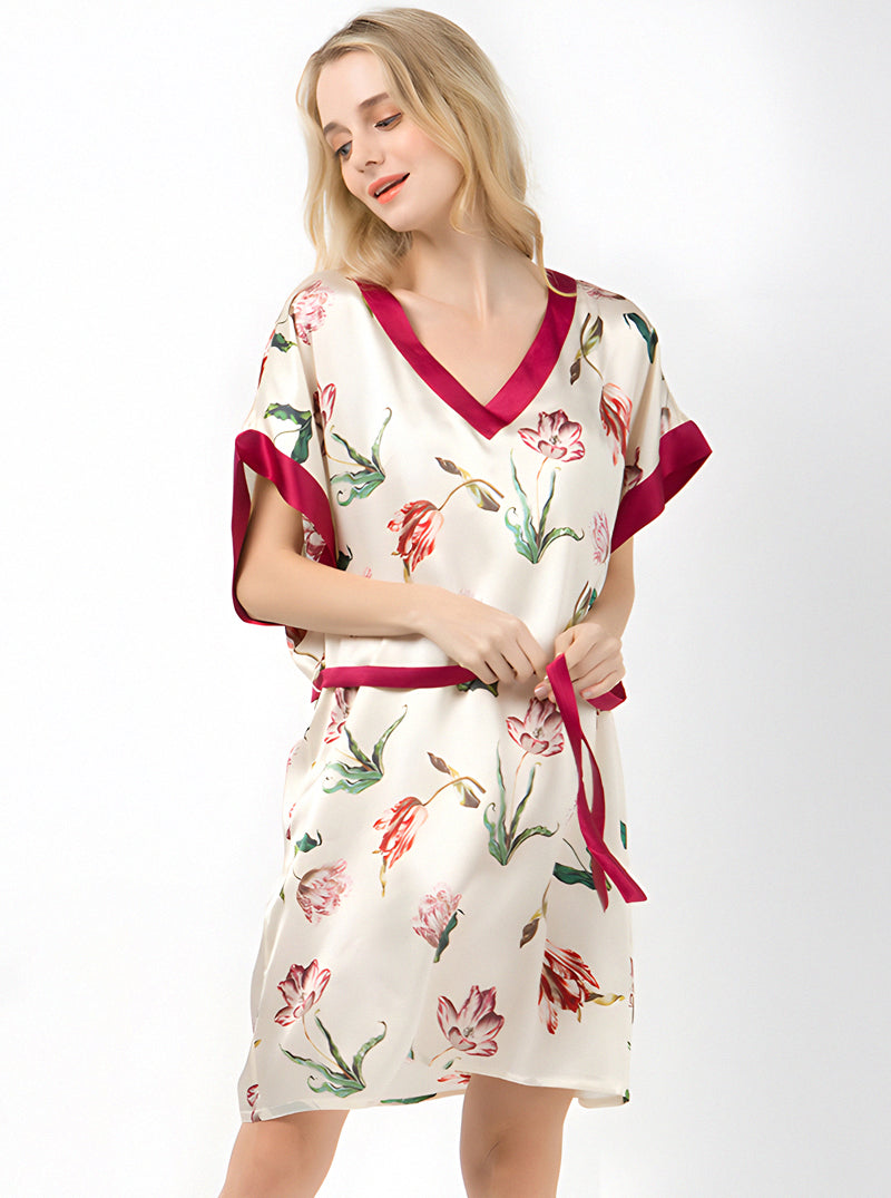 Printed Summer Ladies Silk V-Neck Elegant Luxurious Noble Simple Short Sleeve Belt Nightdress