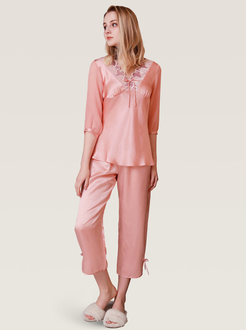 Mid-Sleeve Silk Spring And Autumn Female V-Neck Sexy Beautiful And Comfortable Lace Solid Color Pajamas Two-Piece Set