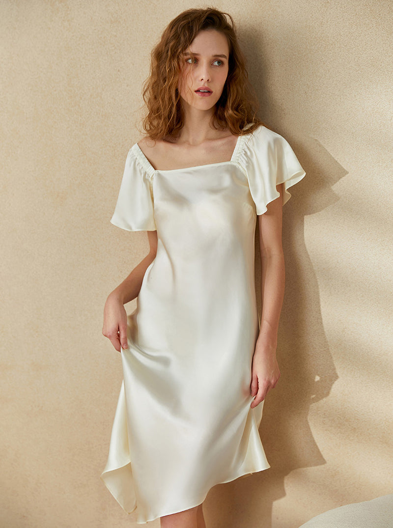 19 Momme Silk Female Nightdress Can Be Outdoors Puff Short Sleeve Off Shoulder Dress