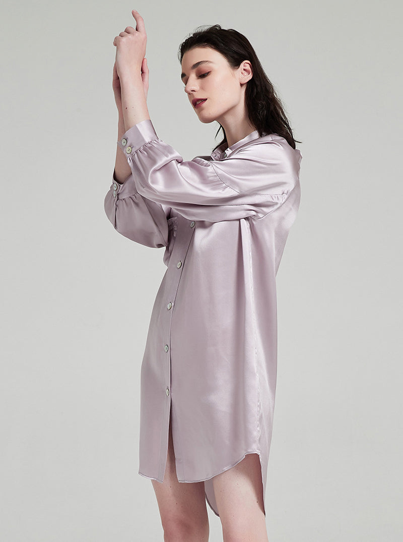 19 Momme Silk Female Summer Taro Purple Suit Collar Luxury Noble Elegant Long Sleeve Pleated Shirt Nightdress