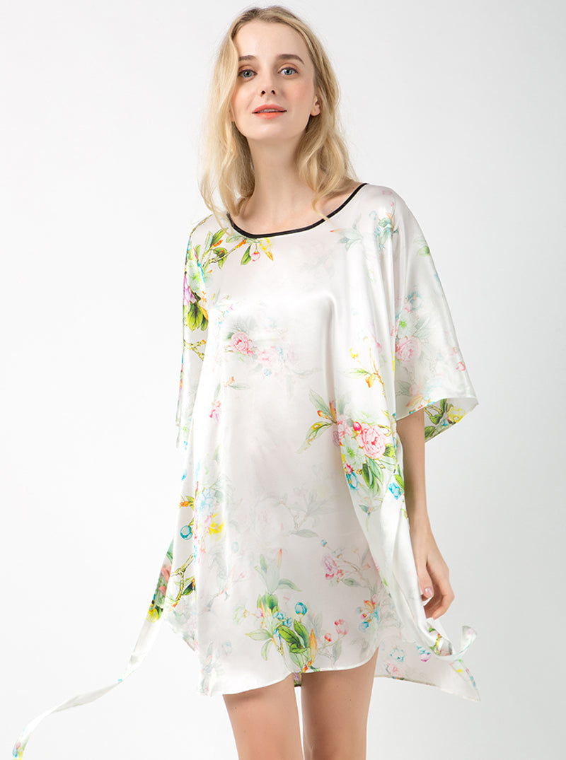 Female Summer Silk Round Neck Mid Sleeve Loose Belt Luxurious Flower Print Nightdress