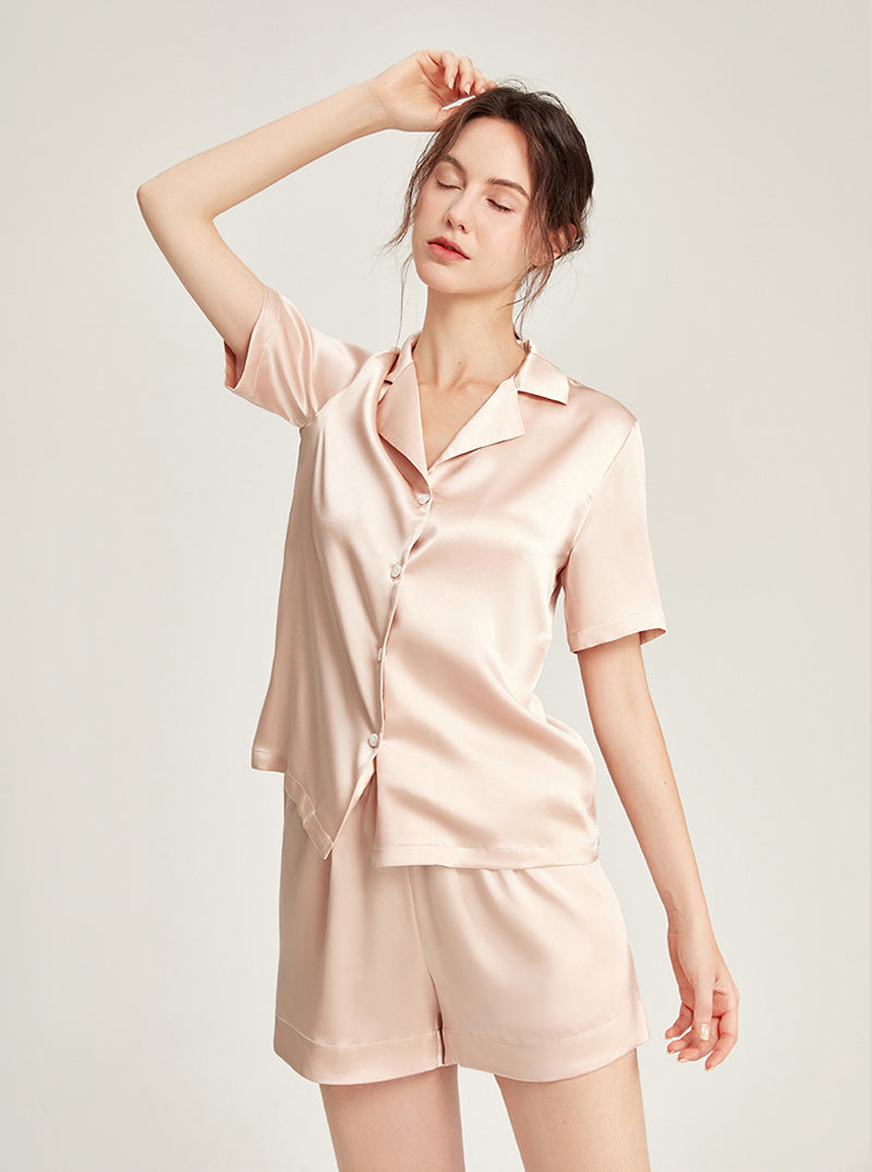Silk summer Female small lapel simple youth fashion generous refreshing cool solid color short-sleeved two-piece pajamas
