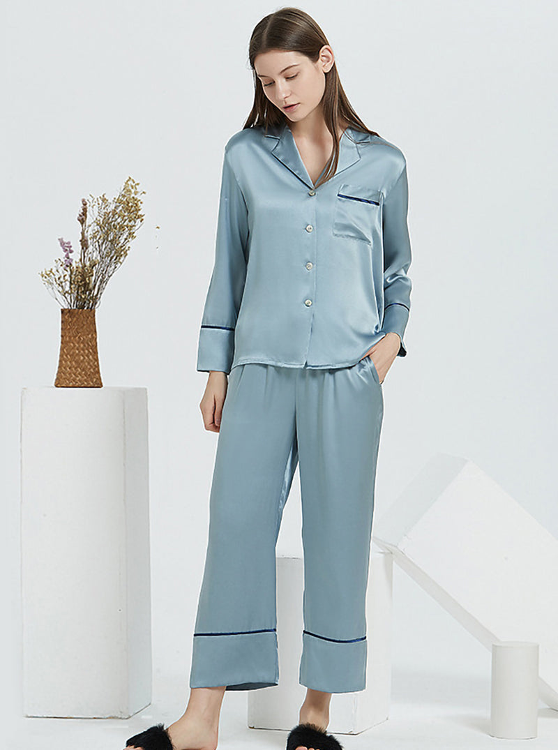 19 Momme Silk Spring And Autumn Female Shirt Collar Simple Atmosphere Fashion Casual Solid Color Long Sleeve Pants Pajamas Two Piece Set