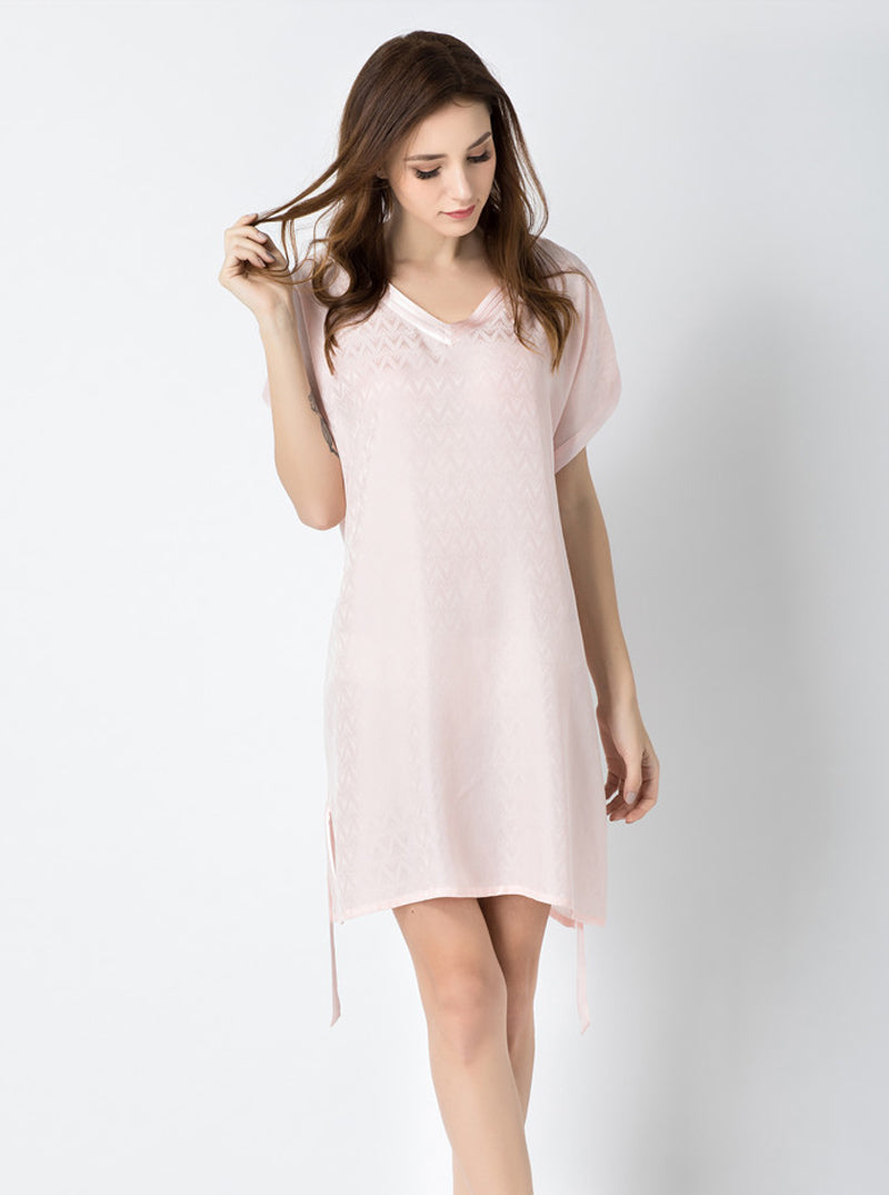 Jacquard Silk Summer Ladies V-Neck Stitching High-End Luxury Elegant Solid Color Belt Short-Sleeved Nightdress