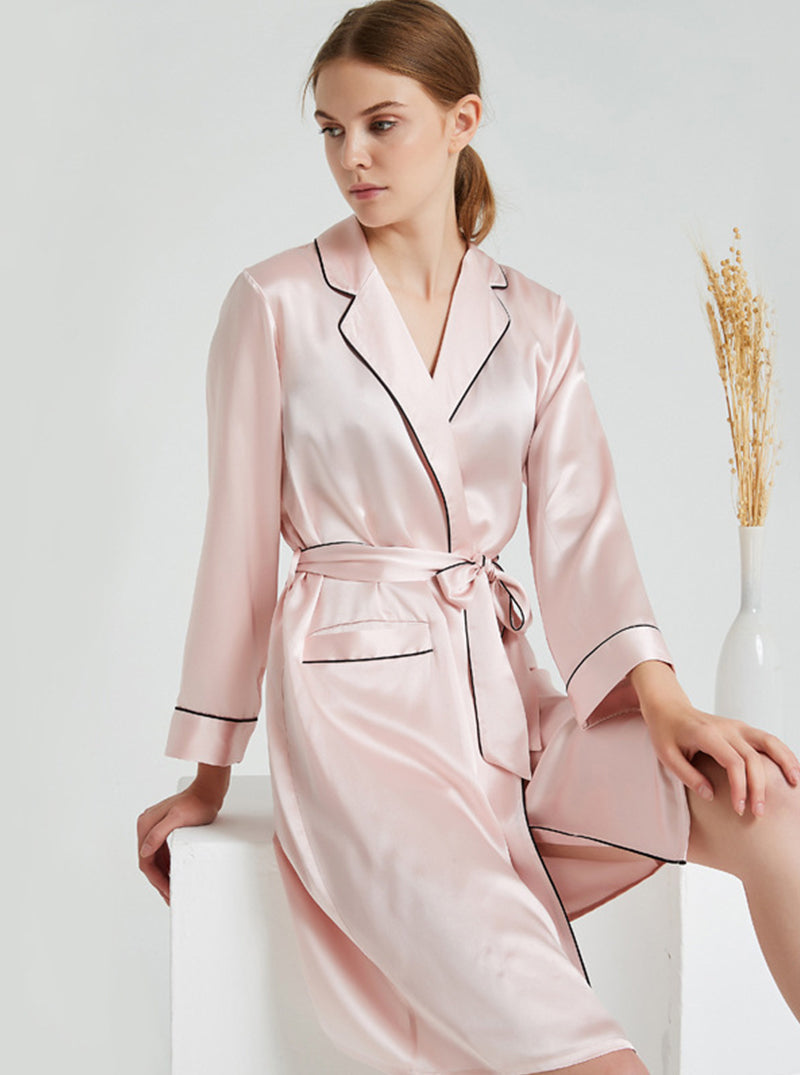 Female 19 Momme Spring Long Sleeve Suit Collar Elegant Classic Simple Generous Belt Pink Skin Tone Robe