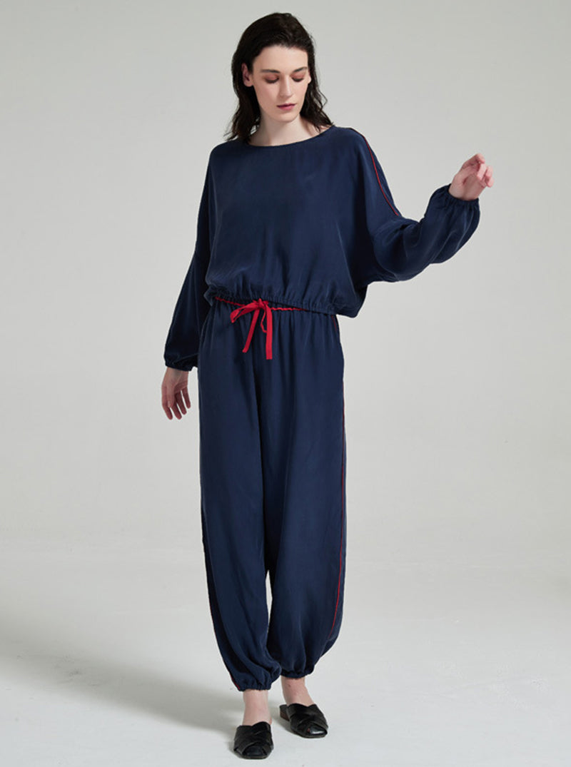 19 Momme Silk Navy Blue Spring And Autumn Female Round Neck Sand Wash Soft Loose Long-Sleeved Trousers Pajamas Two-Piece Set