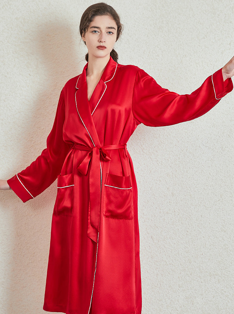 Solid Color 19 Momme Silk Spring And Autumn Female Small Lapel Slim Casual Intellectual Belt Long-Sleeved Nightgown