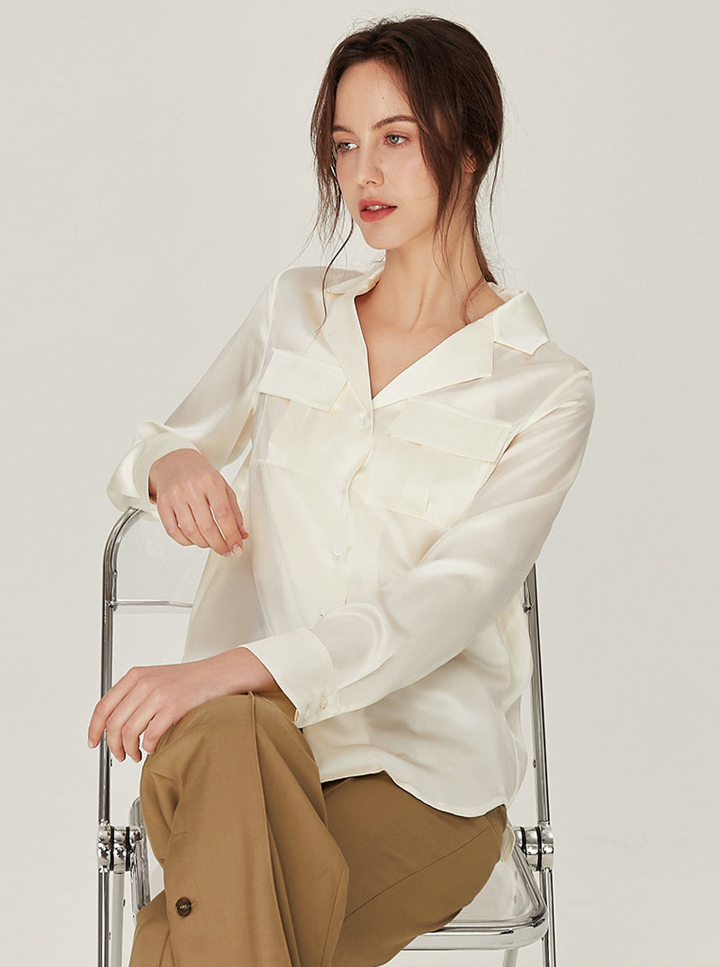 19 Momme Silk Lapel Shirt Simplicity Summer Female Can Be Worn Outdoors Long Sleeve Cool Pajamas Top
