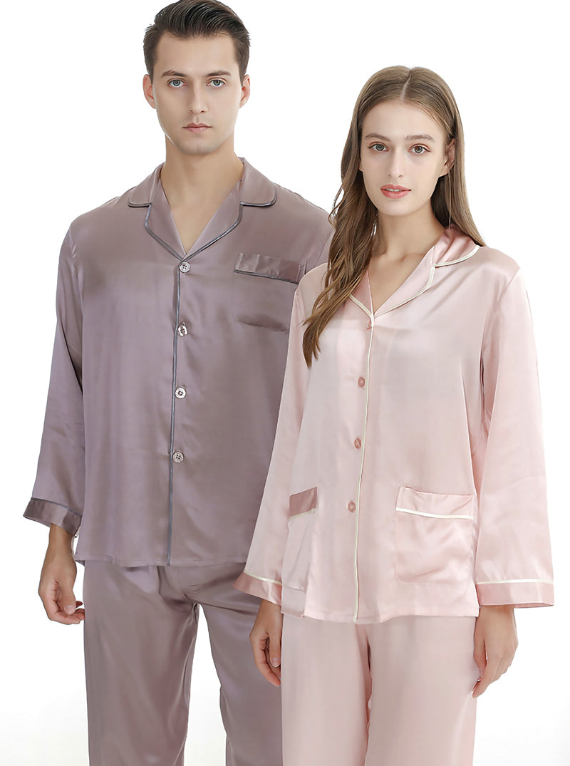 Silk Summer Couple Pajamas Sets Small Lapel Noble Luxury Pure Color Long-Sleeved Trousers Home Service Two-Piece Set
