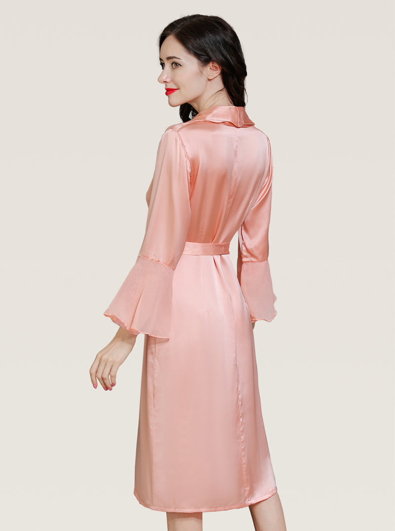 Silk Spring And Summer Female Small Lapel Elegant Sexy Mature Intellectual Comfortable Trumpet Sleeve Belt Solid Color Long-Sleeved Nightgown