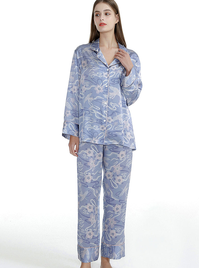 Silk Summer Female Small Lapel Print Elegant And Dignified Charming Multi-Color Long-Sleeved Pajamas Two-Piece Set