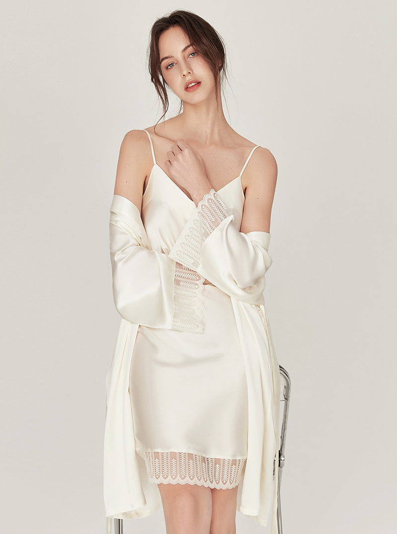 Summer Silk Matching Pajamas Elegant V Collar Fold Design Stitching Lace Edge Medium Length Nightdress And Night-Robe Set
