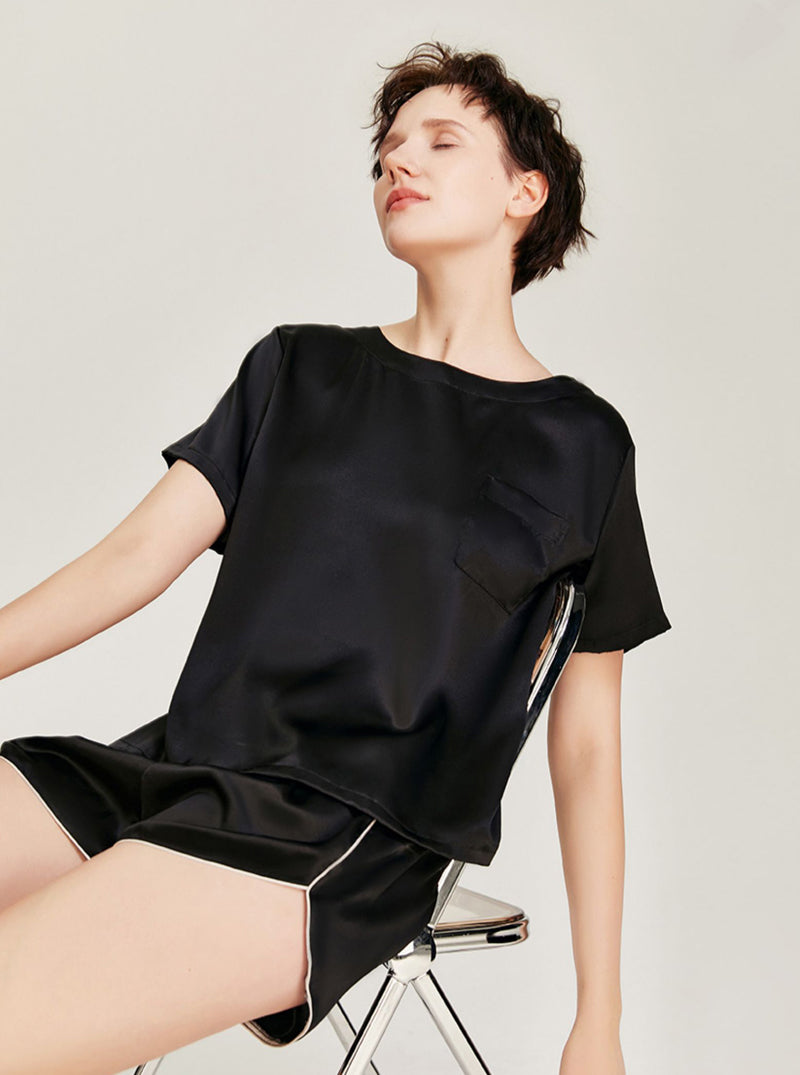 Silk Matching Pajamas Summer Small Pocket Decoration Round Collar Short Sleeve T-shirt Shorts Comfortable Two-Piece Set Female