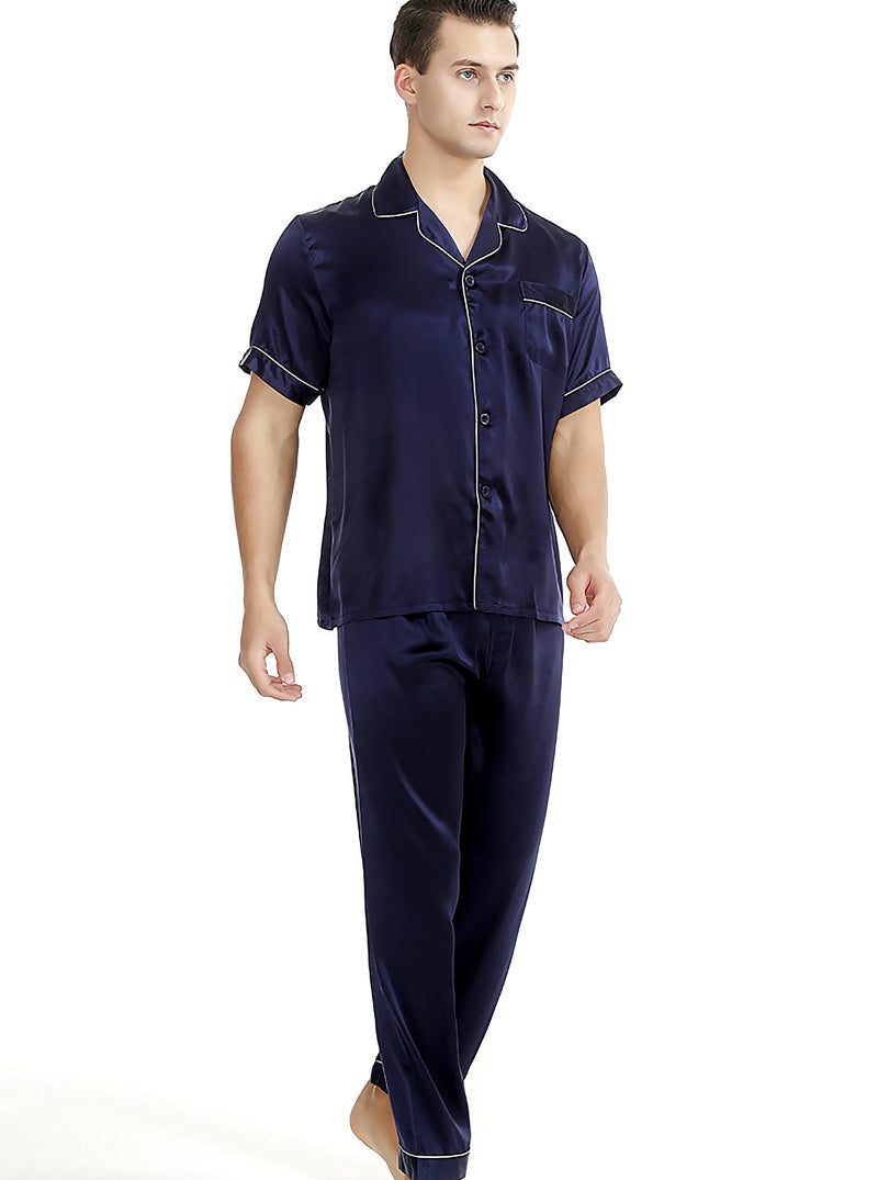 Silk Summer Couple Pajamas Sets Small Lapel Simple White Edge Short-Sleeved Trousers Pajamas Two-Piece Set