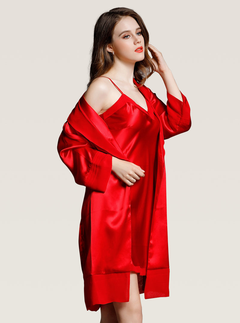 Female Silk Summer V-Neck Stitching Design Simple Fashion Classic Version Suspender Nightdress Long-Sleeved Night-Robe Two-Piece Set