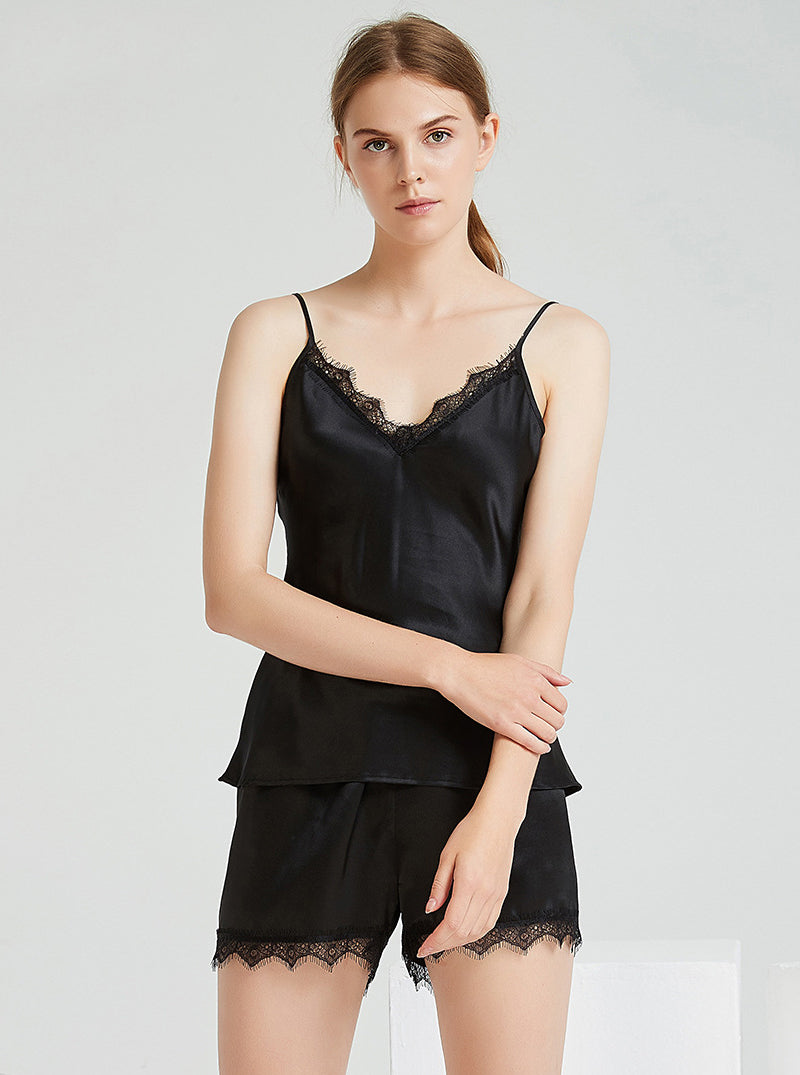 19 Momme Silk Solid Color Female Summer Sexy Casual Senior Textured Suspenders Shorts Pajamas Two-Piece Set