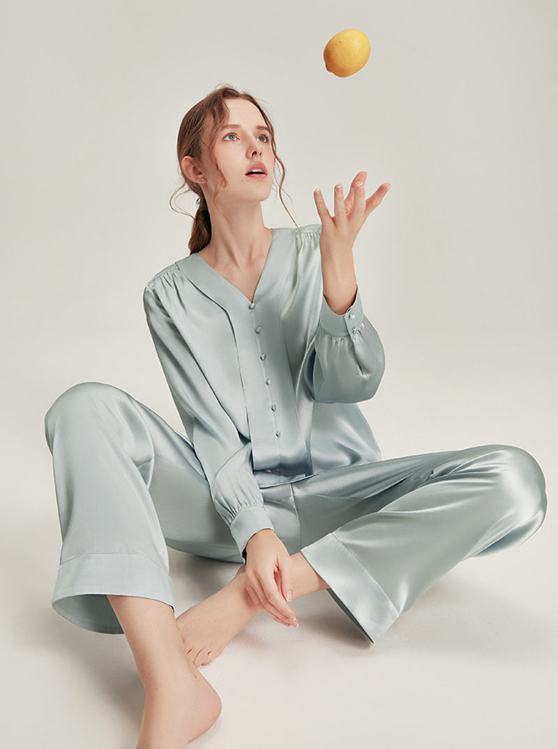 Simple V-Neck Silk Hideyoshi Female High-End Comfortable Solid Color Long-Sleeved Trousers Pajamas Two-Piece Set